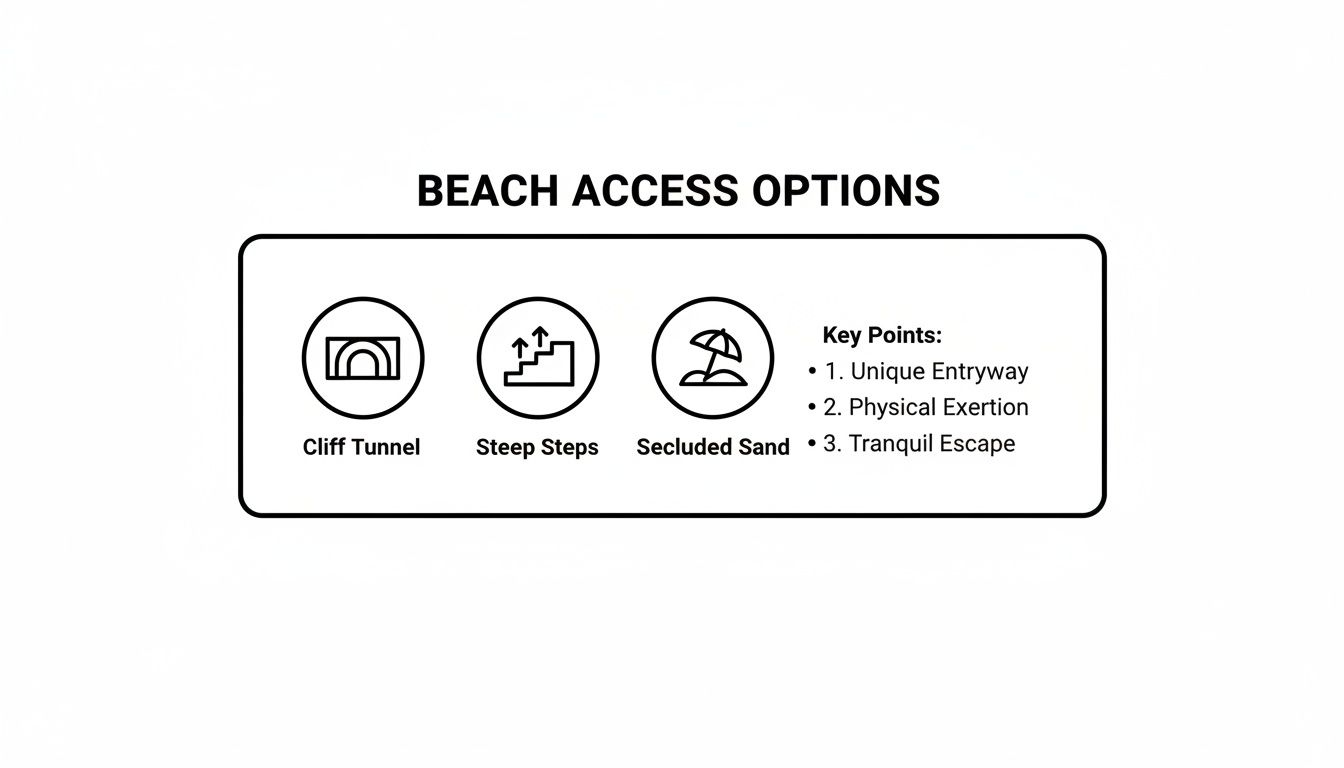 Infographic presenting three distinct beach access options: cliff tunnel, steep steps, and secluded sand, with key points.