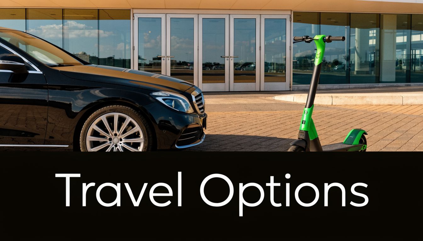 A black luxury car and a bright green electric scooter parked outside the Faro Airport building.