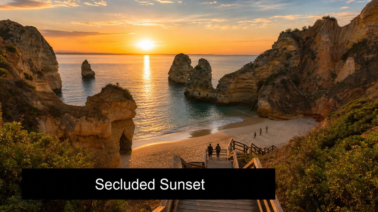 A scenic sunset over the rocky coastline and sandy beach at Ponta da Piedade in Lagos, Portugal.