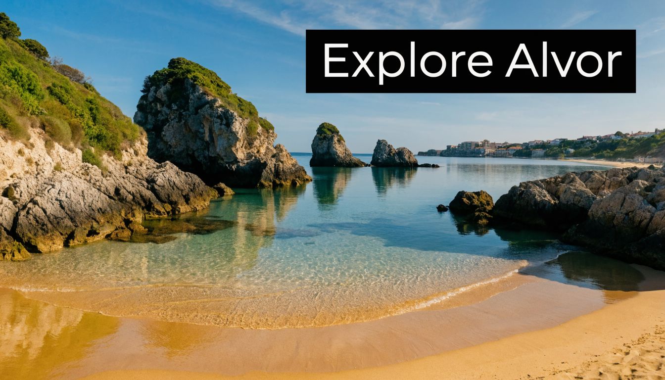 A serene sandy beach cove in Alvor, Portugal featuring unique rock formations and calm turquoise waters.