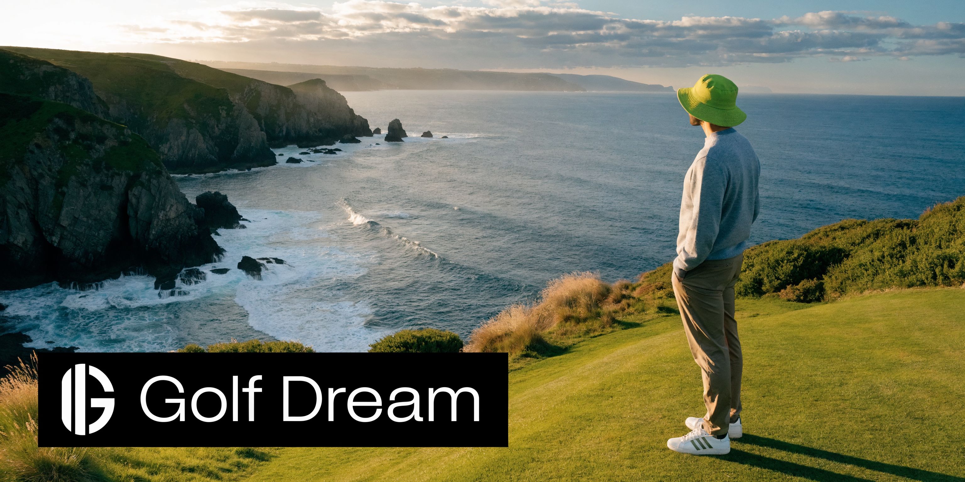 A man wearing a green bucket hat stands on a grassy golf course overlooking a scenic ocean coastline.