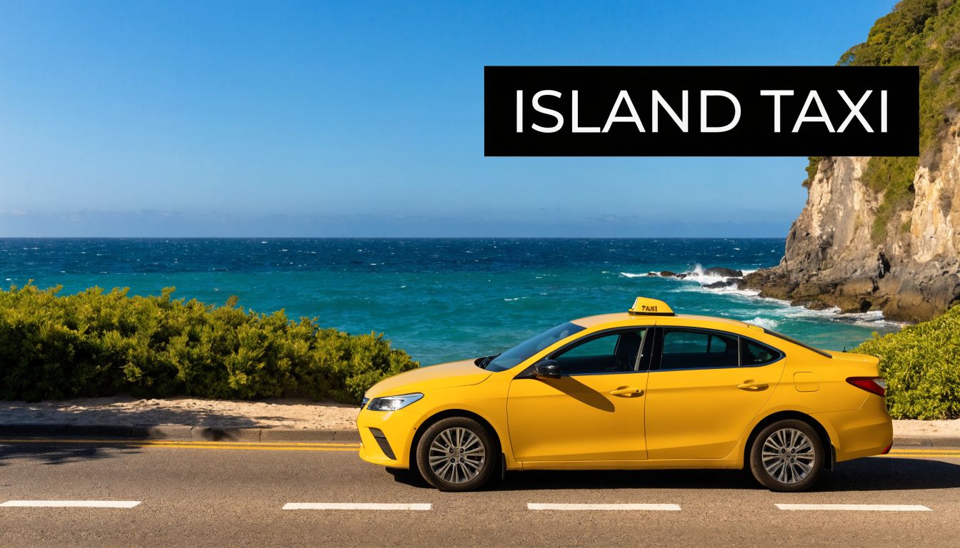 A yellow taxi parked on a coastal road overlooking the ocean with a cliffside nearby.