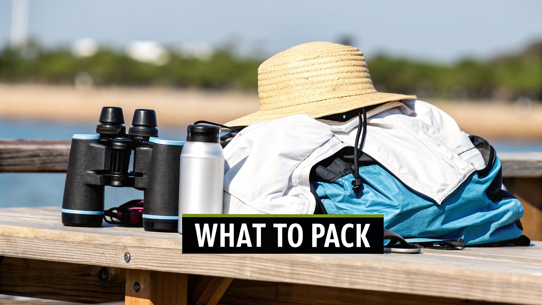 Travel essentials for a boat tour: binoculars, water bottle, hat, and clothes on a wooden dock.