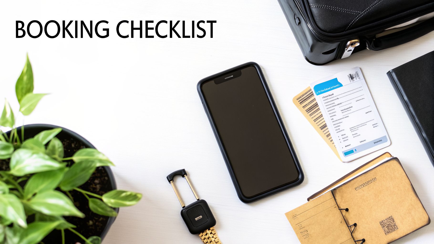 Flat lay with 'BOOKING CHECKLIST' text, phone, travel documents, and luggage on a white table.