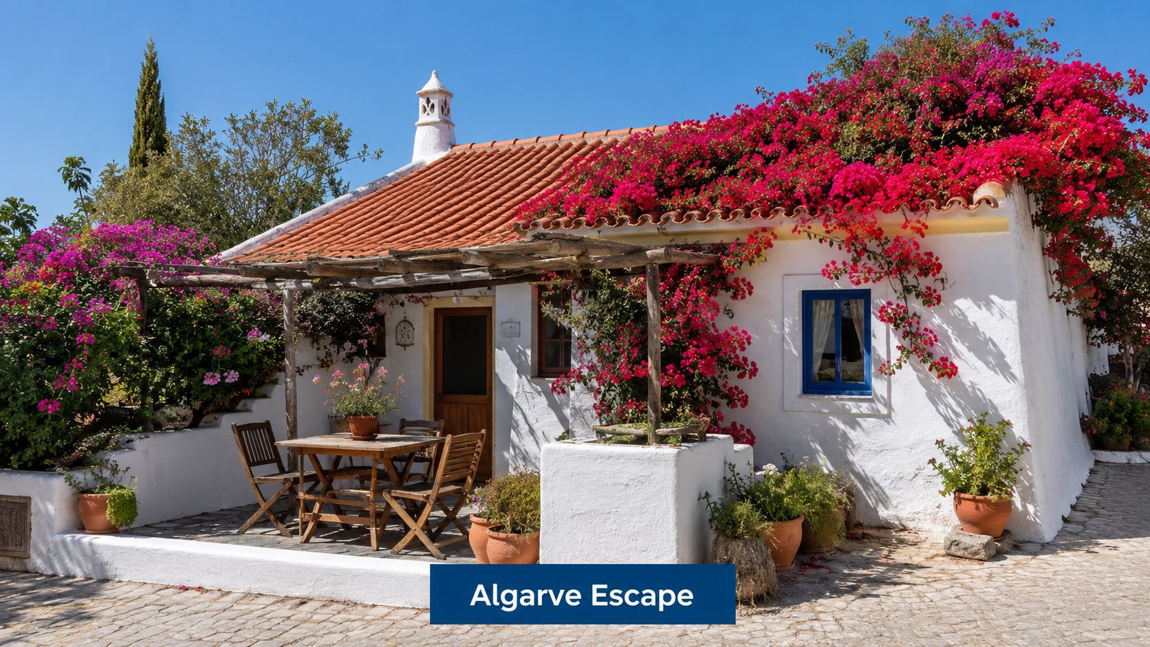 A charming white cottage in the Algarve with vibrant bougainvillea flowers and an outdoor patio dining set.