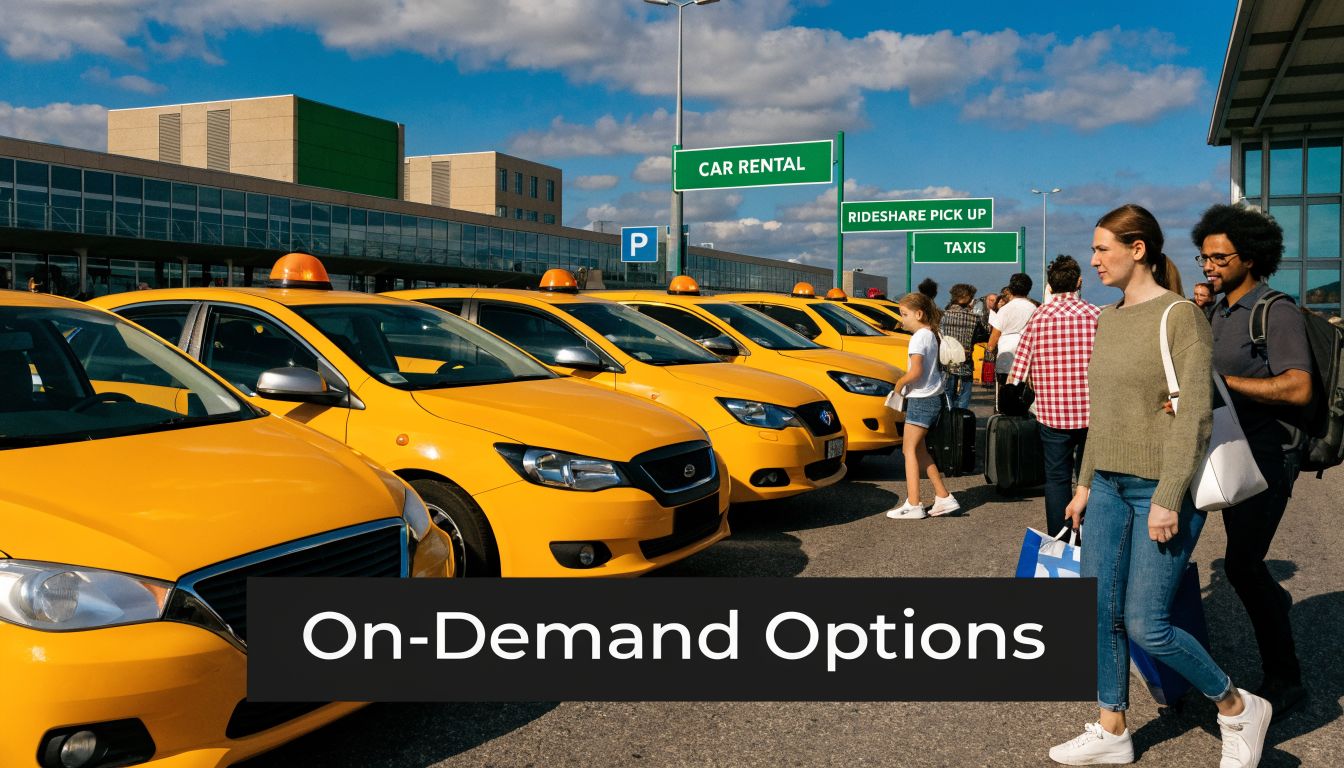 A line of yellow taxis waits outside an airport terminal with passengers arriving for transport options.