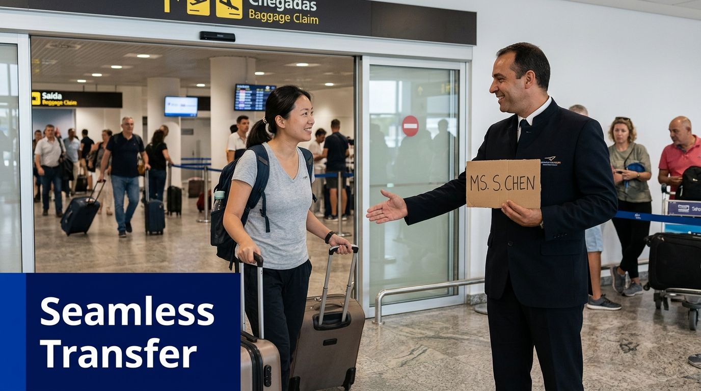 A professional airport driver holding a sign for Ms. S. Chen greets a female passenger at the airport.
