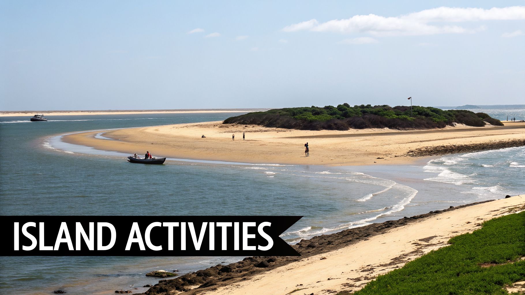 A scenic view of a sunny fuzeta island beach with boats, calm waters, and people enjoying island activities.