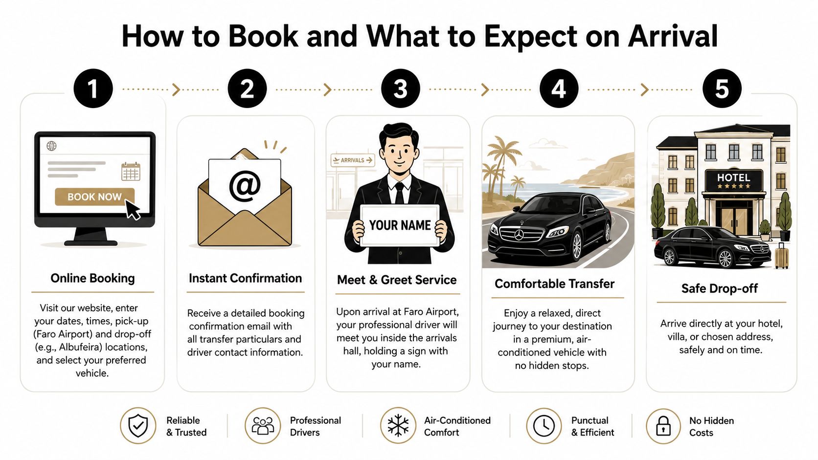 A five-step infographic showing how to book a reliable private transfer service from Faro Airport to your hotel.