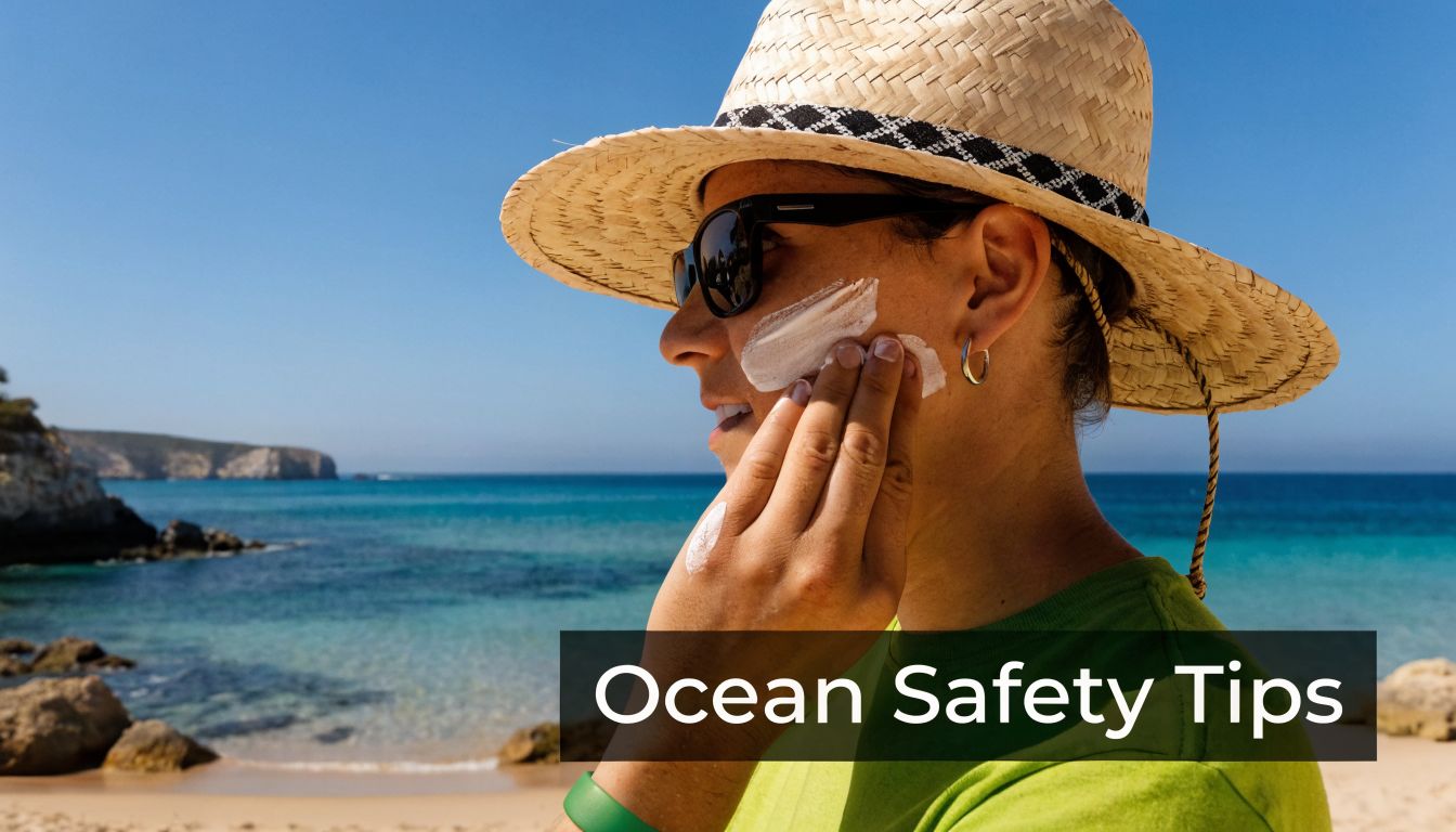 A person wearing a sun hat and sunglasses applying sunscreen on their cheek at the beach.