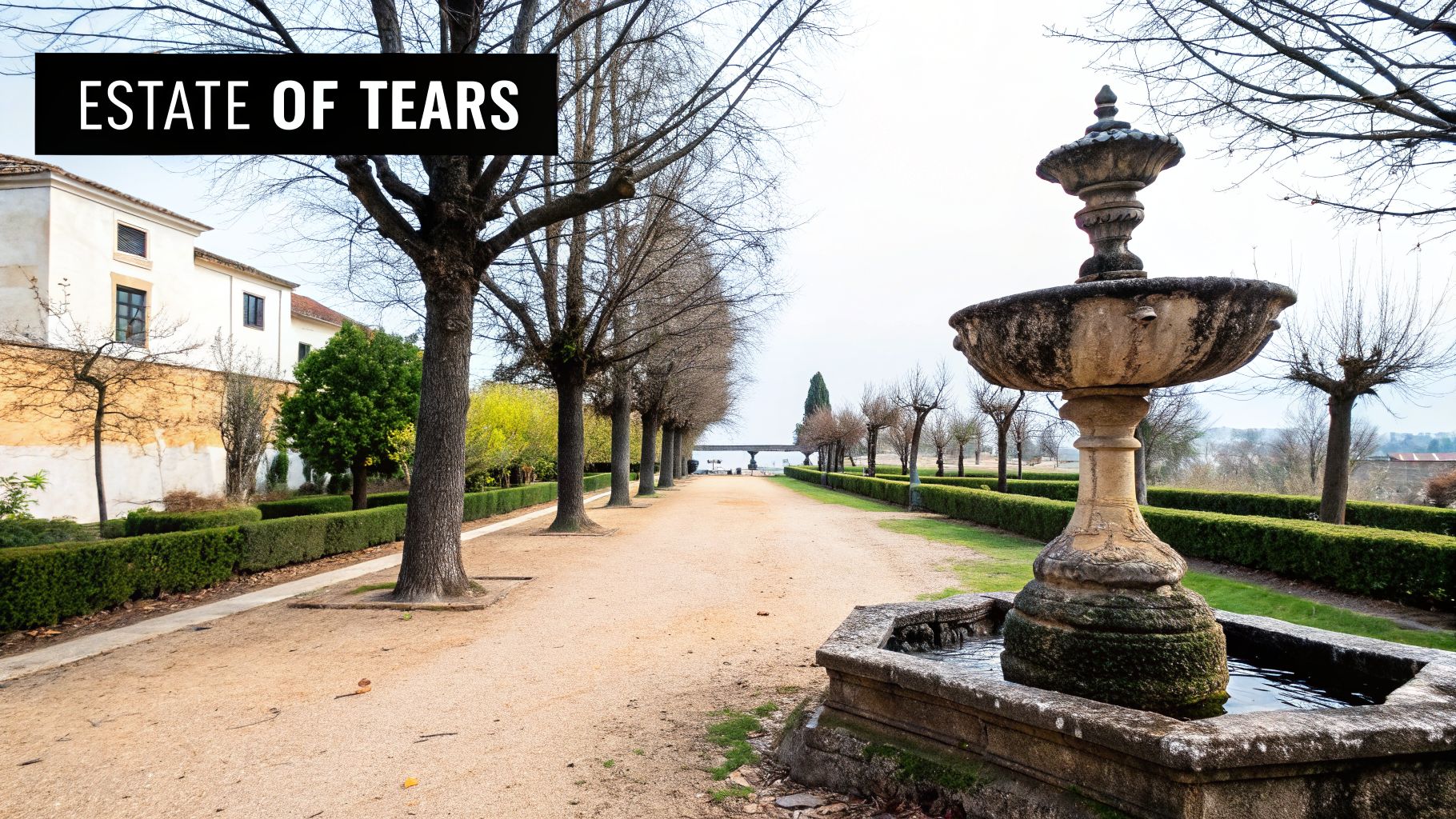 A historic stone fountain stands beside a long, tree-lined gravel path at the Estate of Tears.