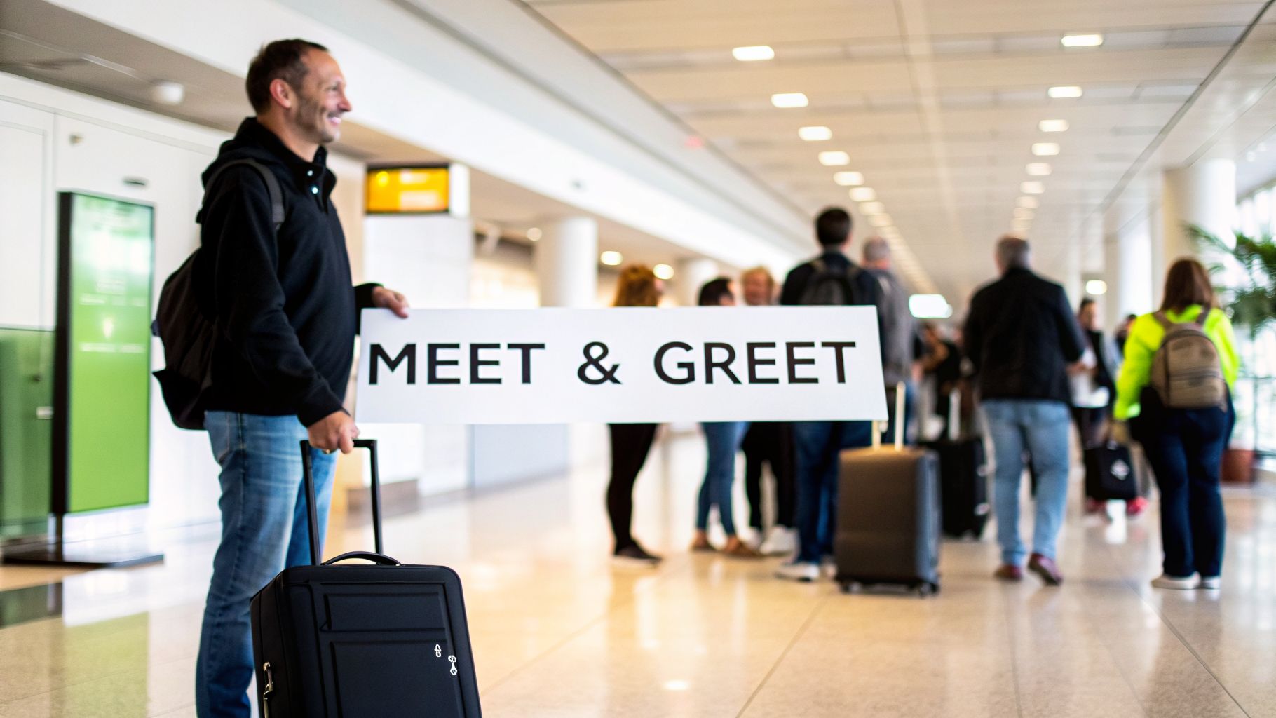 A smiling man holds a 'MEET & GREET' sign, waiting with luggage at a busy airport.