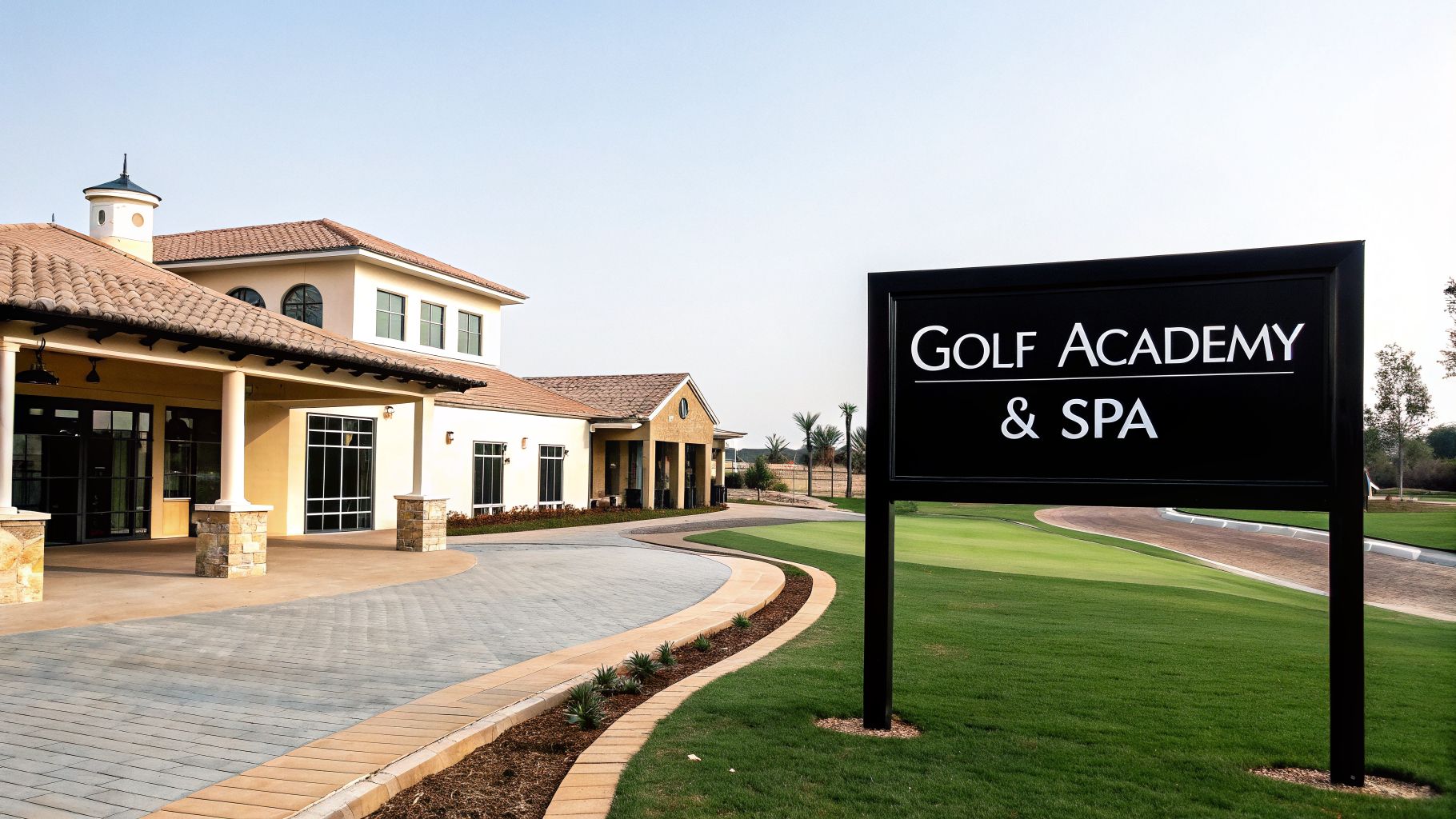 A prominent black sign displays 'Golf Academy & Spa' next to a luxurious clubhouse and a lush green golf course.