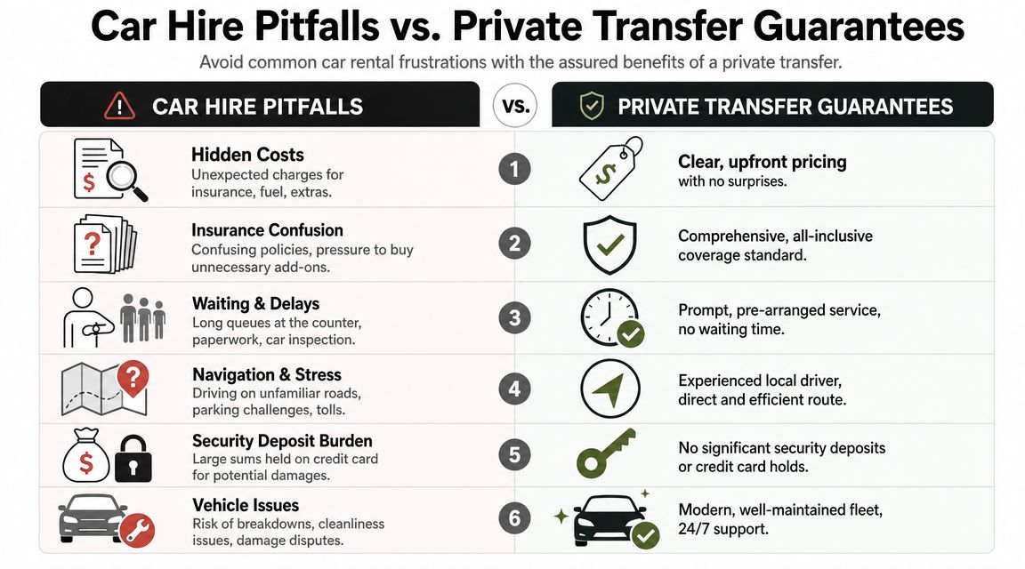 A comparison chart showing the frustrations of car hire versus the benefits of private transfer services.