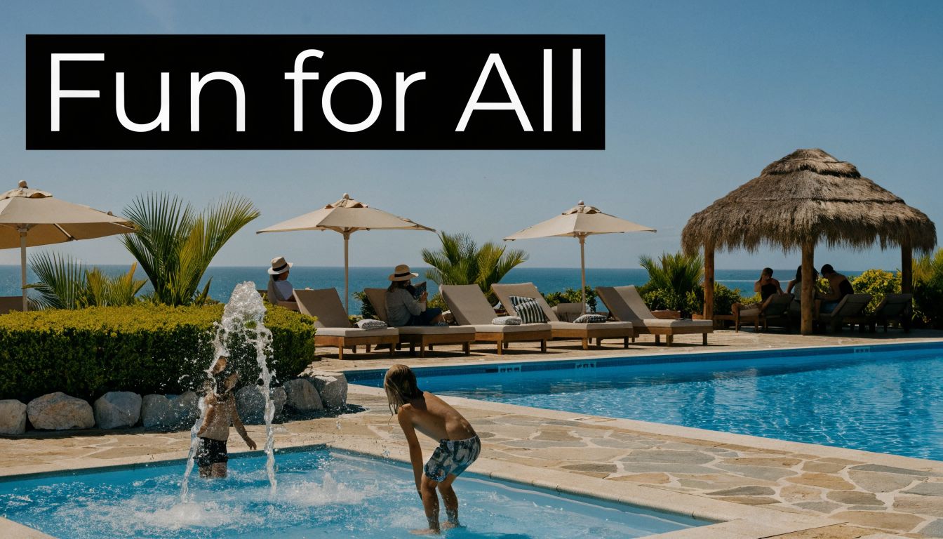 Children playing in a swimming pool at a sunny resort with lounge chairs and ocean views.