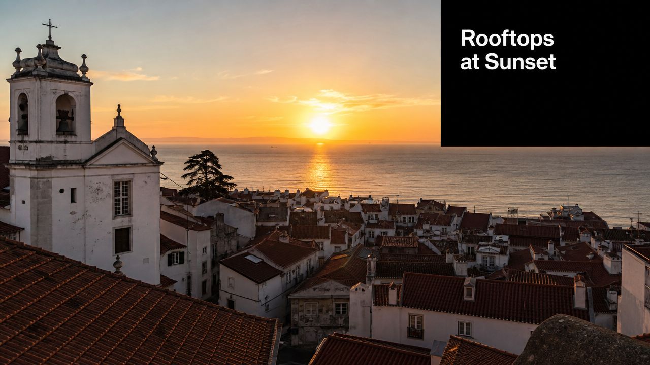 A scenic view of white buildings with red tiled roofs at sunset overlooking the calm ocean water.