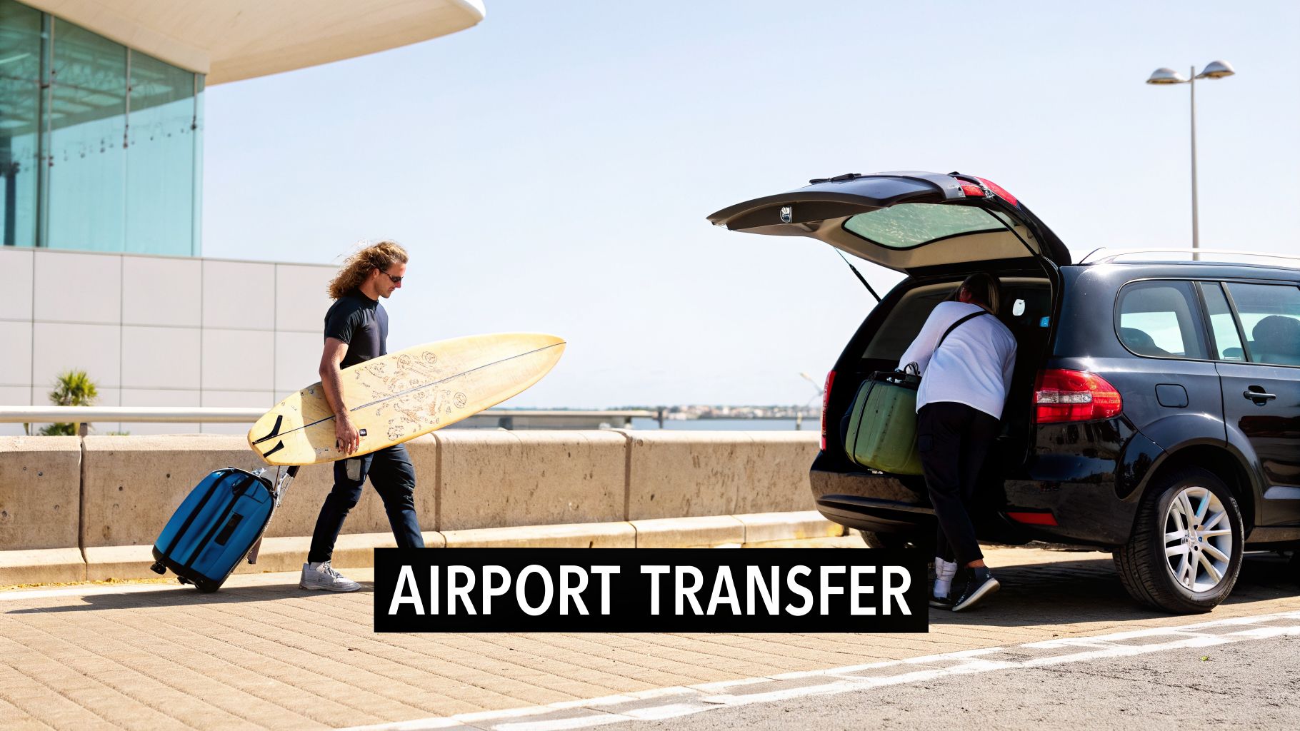 Two people are loading a surfboard and luggage into a black SUV for an airport transfer.