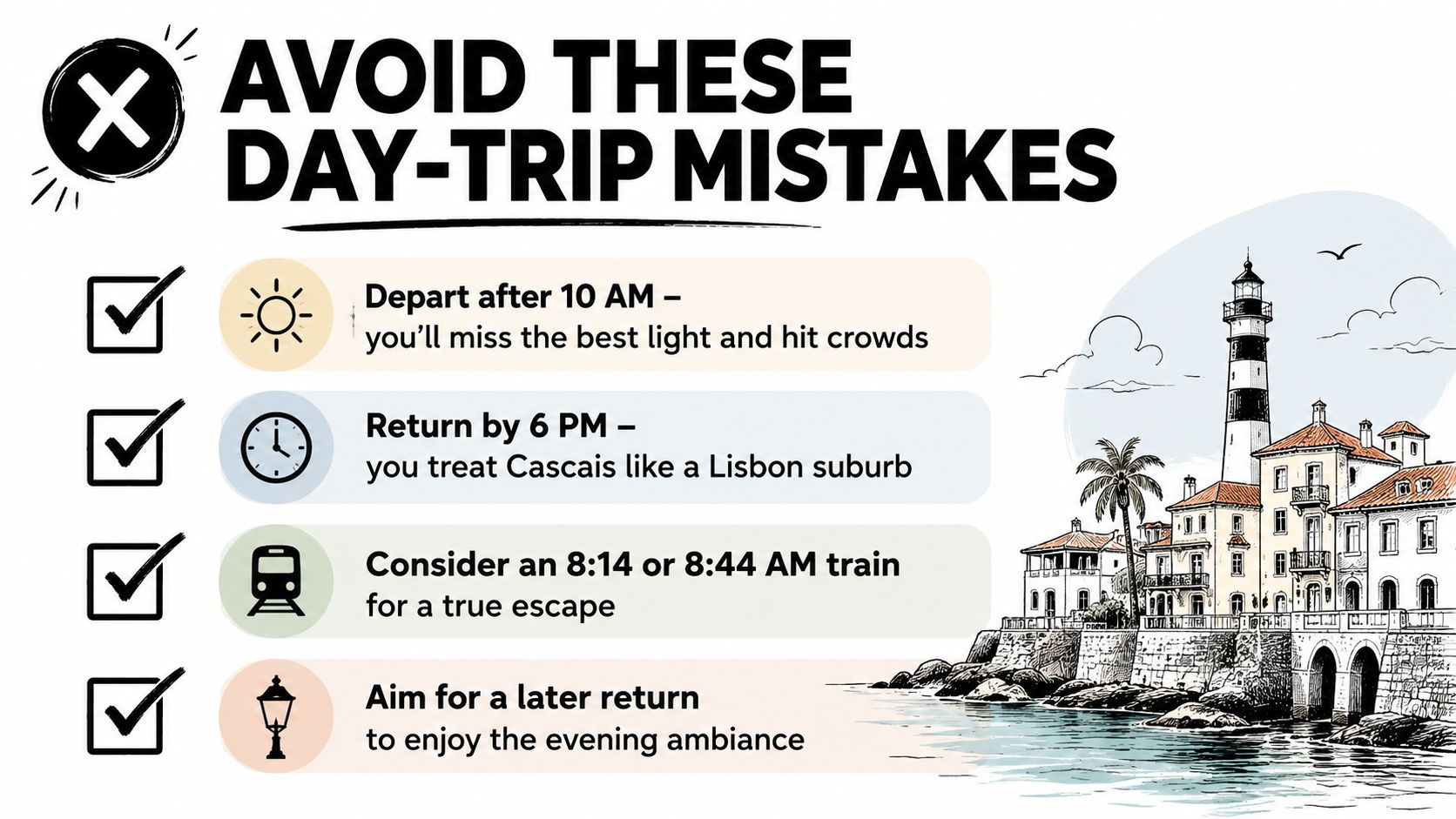 A travel graphic listing four mistakes to avoid for a better day trip from Lisbon to Cascais.