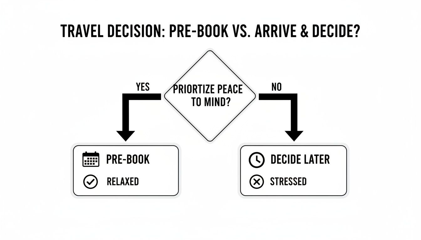 Flowchart contrasting pre-booking travel for peace of mind versus deciding later and feeling stressed.