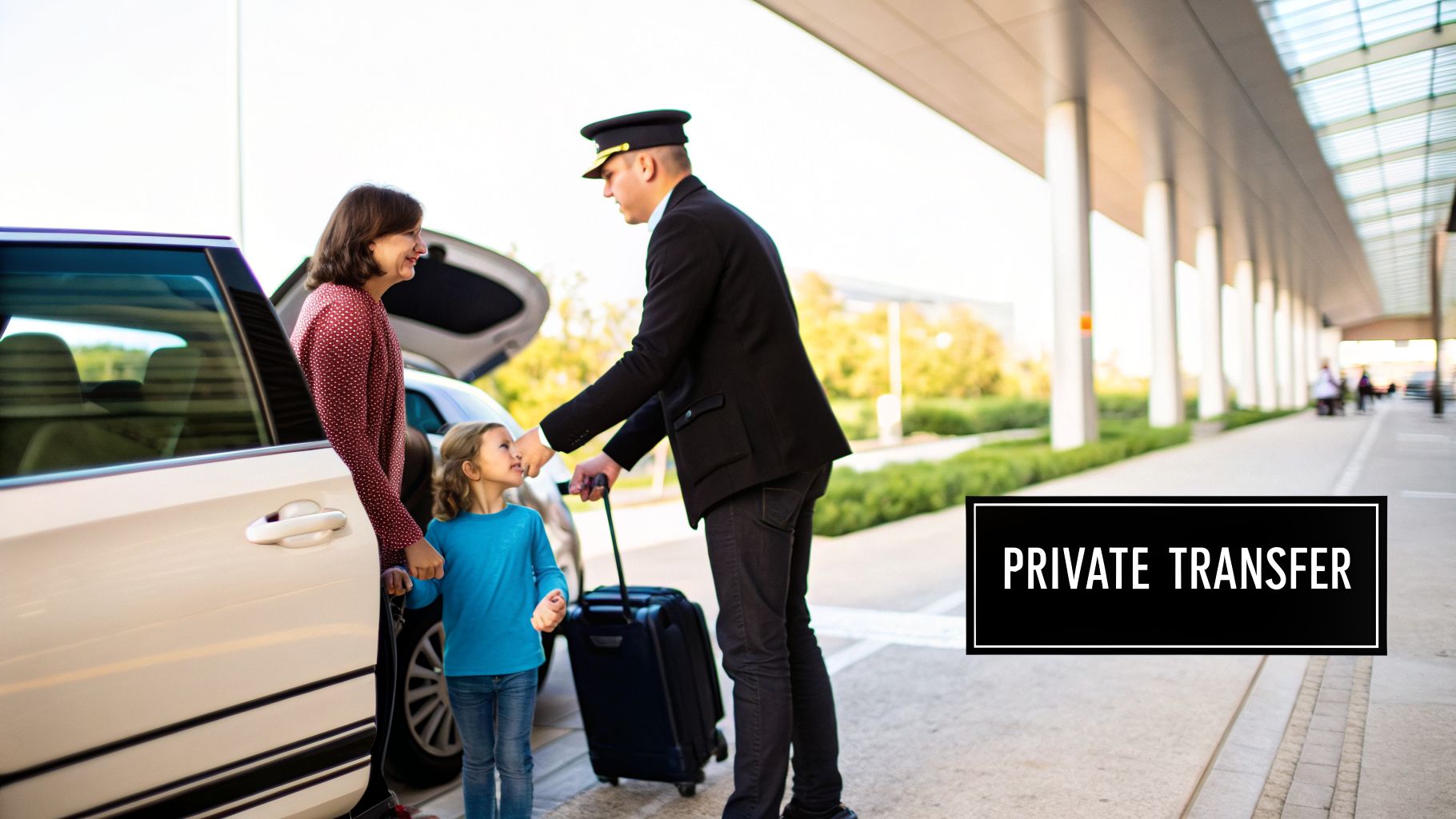 A professional chauffeur assists a woman and a child with a suitcase at an airport for a private transfer.