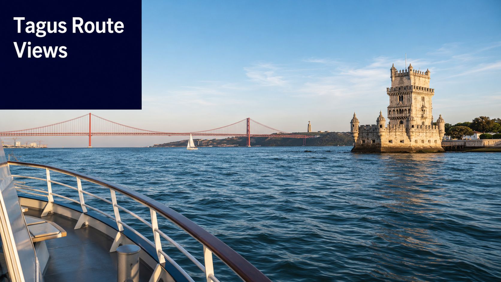 A scenic view of the Belem Tower and 25 de Abril Bridge from a river cruise in Lisbon.
