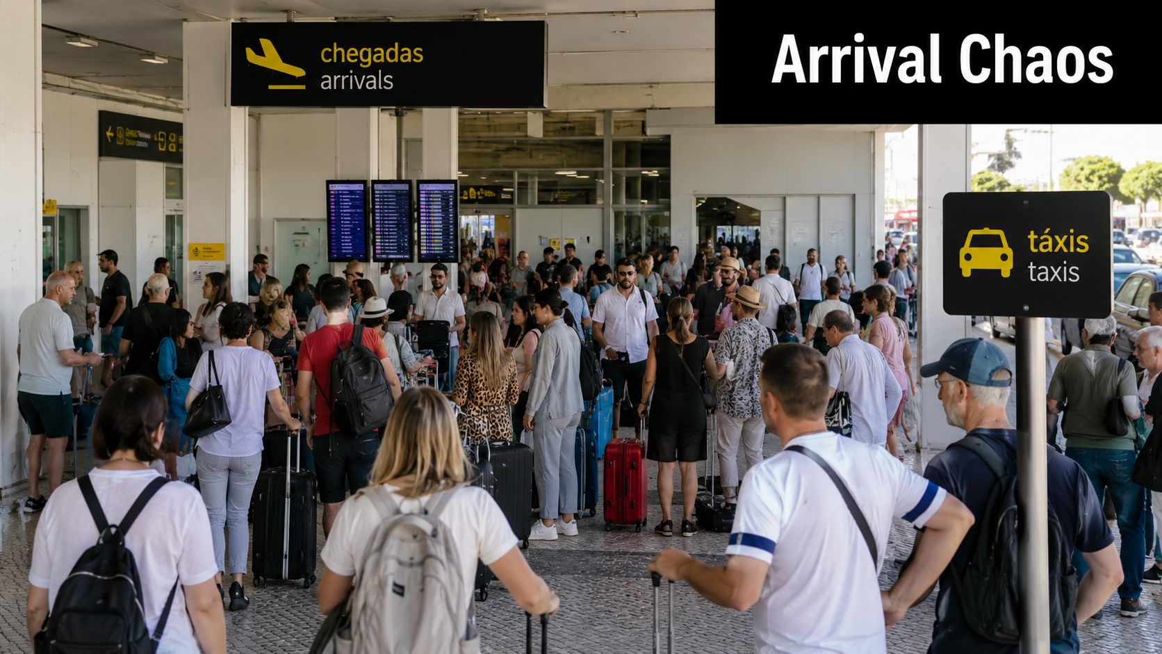A crowded airport arrivals area with people waiting with luggage under taxi and arrival signs.