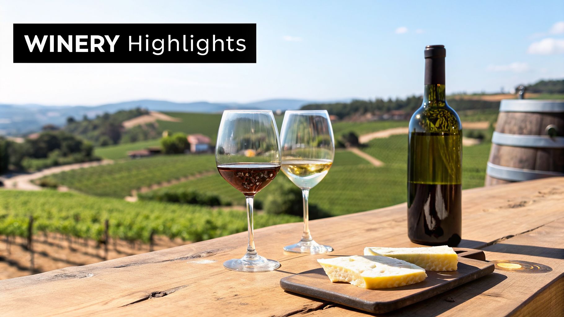 Wine glasses, bottle, and cheese on a wooden table overlooking a scenic vineyard with 'WINERY Highlights' text.