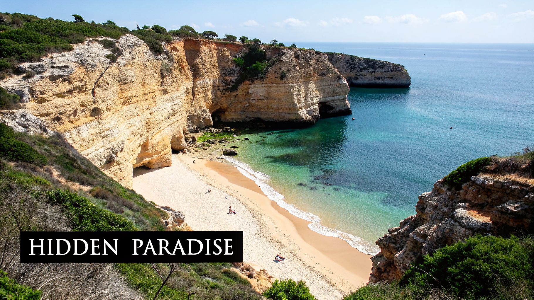 Stunning aerial view of a hidden sandy beach with turquoise water and golden cliffs.