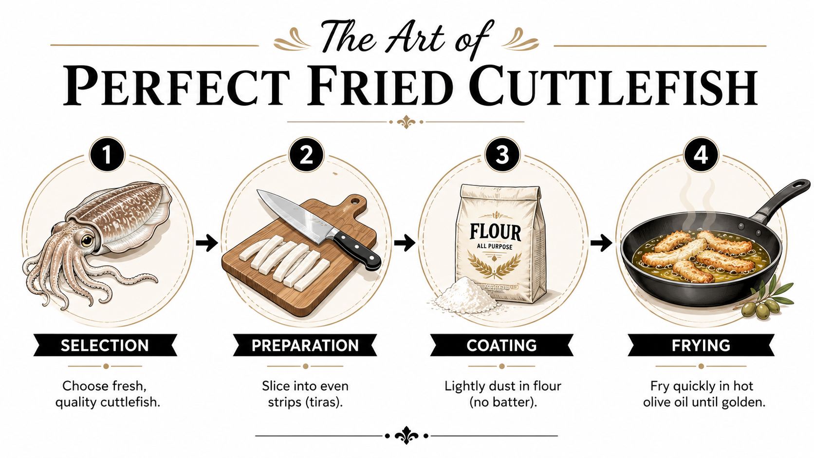 An infographic illustration showing the four-step process for preparing and frying perfect cuttlefish strips.