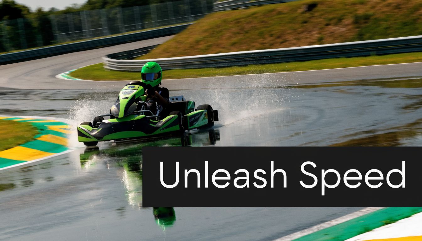 A racer driving a green go-kart on a wet track with splashes of water during a race.