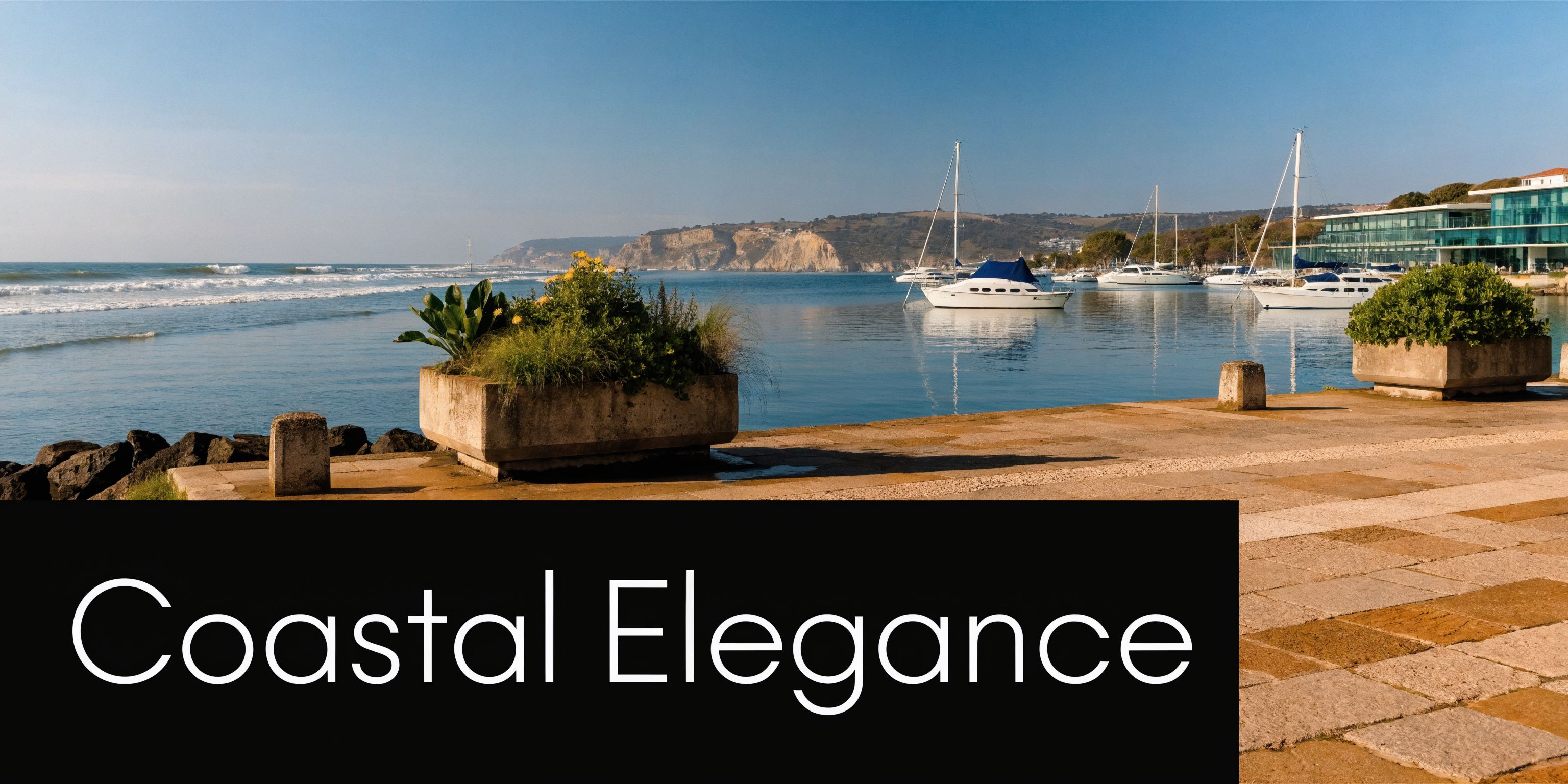 A scenic view of a sunny Portuguese harbor featuring boats, a stone promenade, and coastal cliffs.