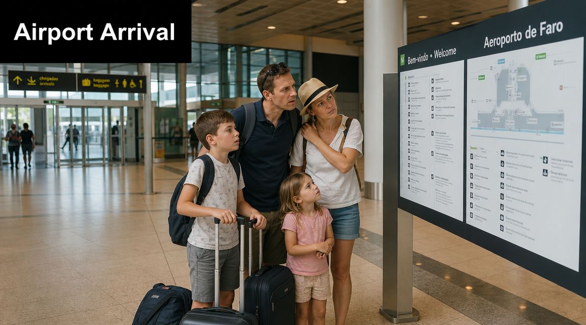 A family of four looking at an airport arrival information map in Faro, Portugal.