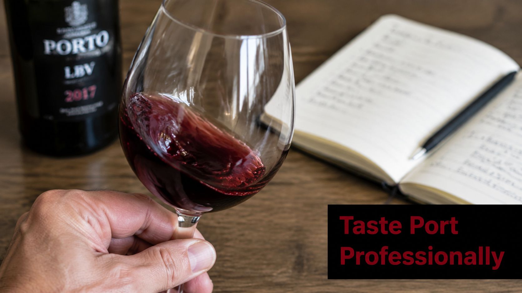 A person holding a glass of red port wine with a bottle and notebook on a wooden table.