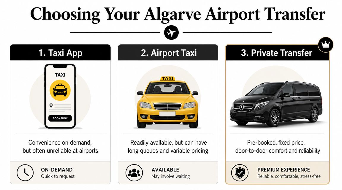 A comparison infographic showing three Algarve airport transfer options: taxi apps, airport taxis, and private transfers.
