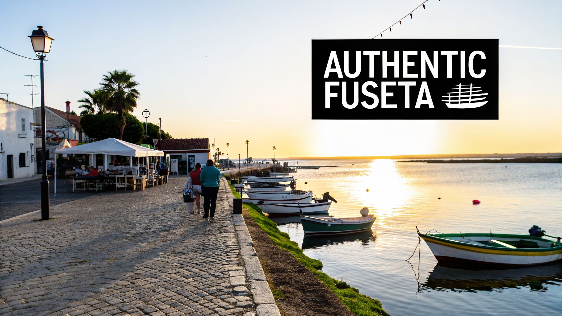 Sunset over the Fuseta lagoon with traditional fishing boats and people walking on the promenade.