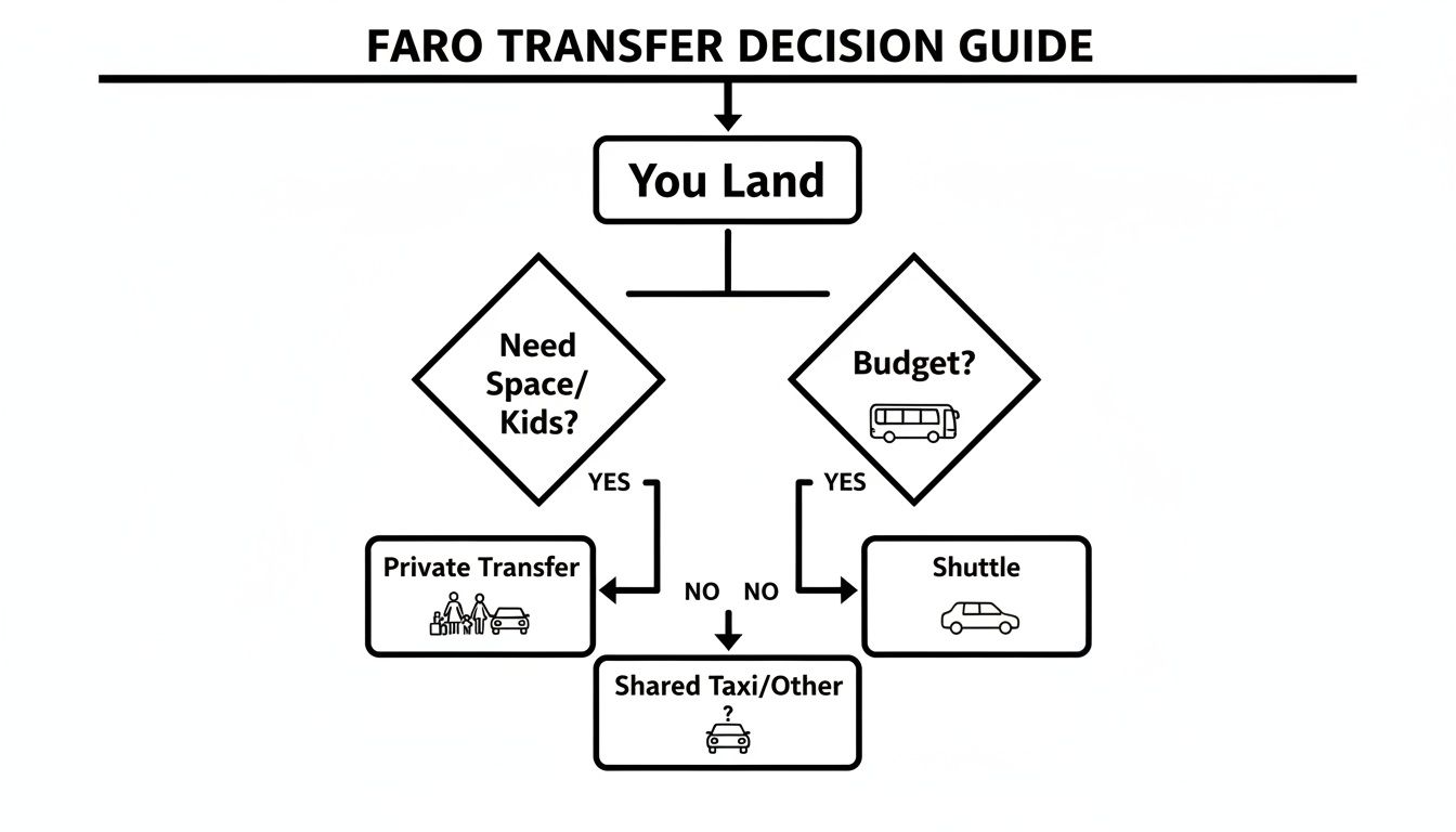 Faro airport transfer decision guide flowchart showing private, shuttle, and shared taxi options based on space, kids, and budget.