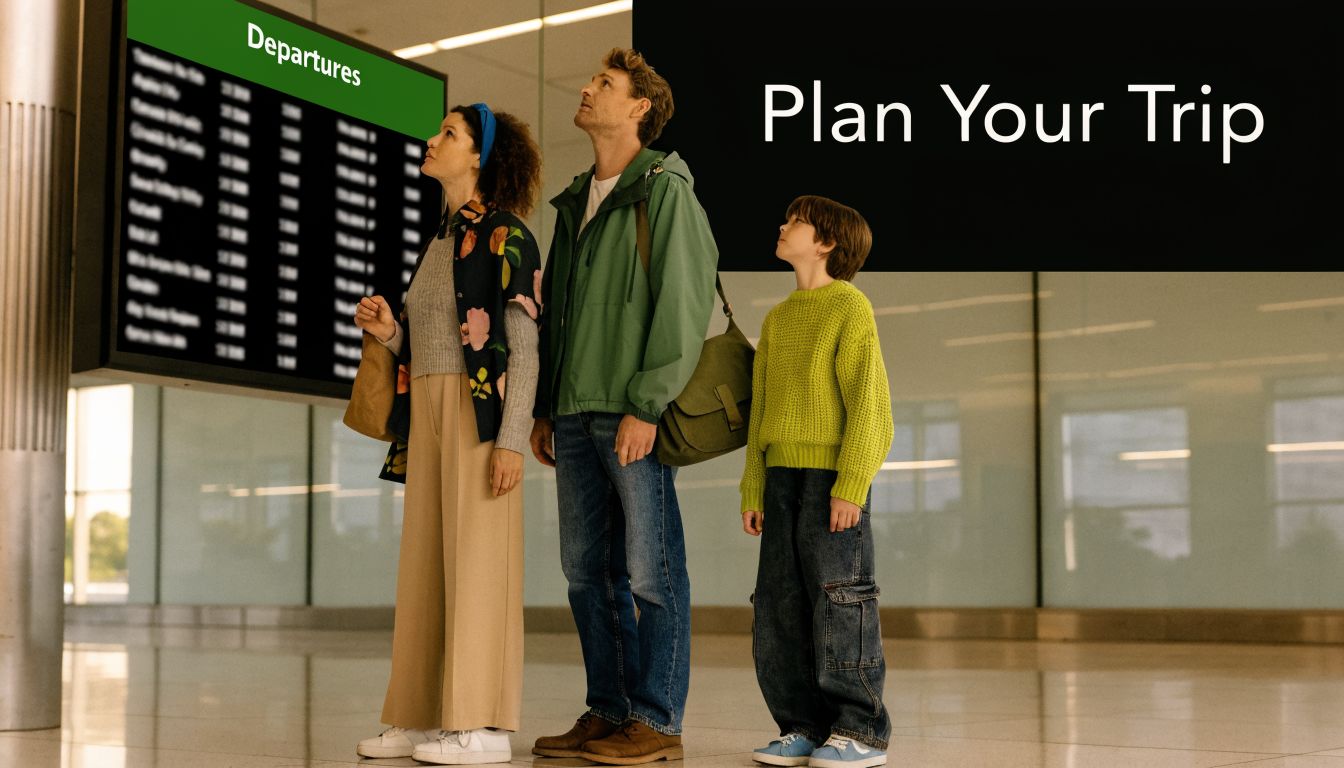 A family of three standing in a bright airport terminal looking at the departures board