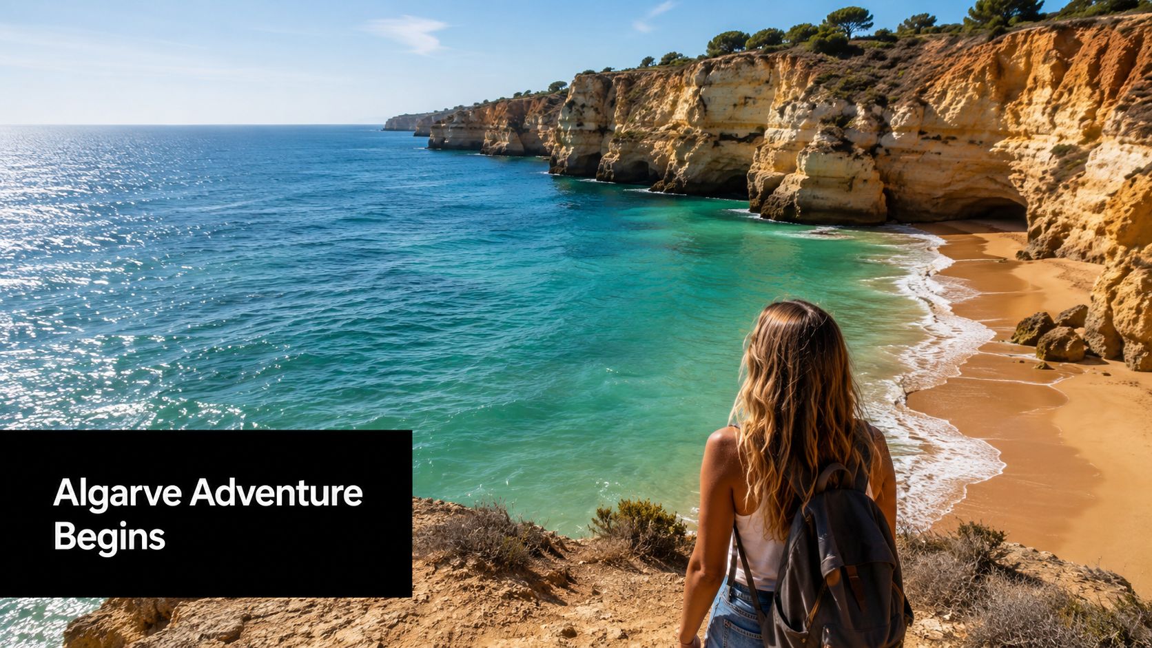 A woman with a backpack looking over the stunning cliffs and turquoise water of the Algarve coast.