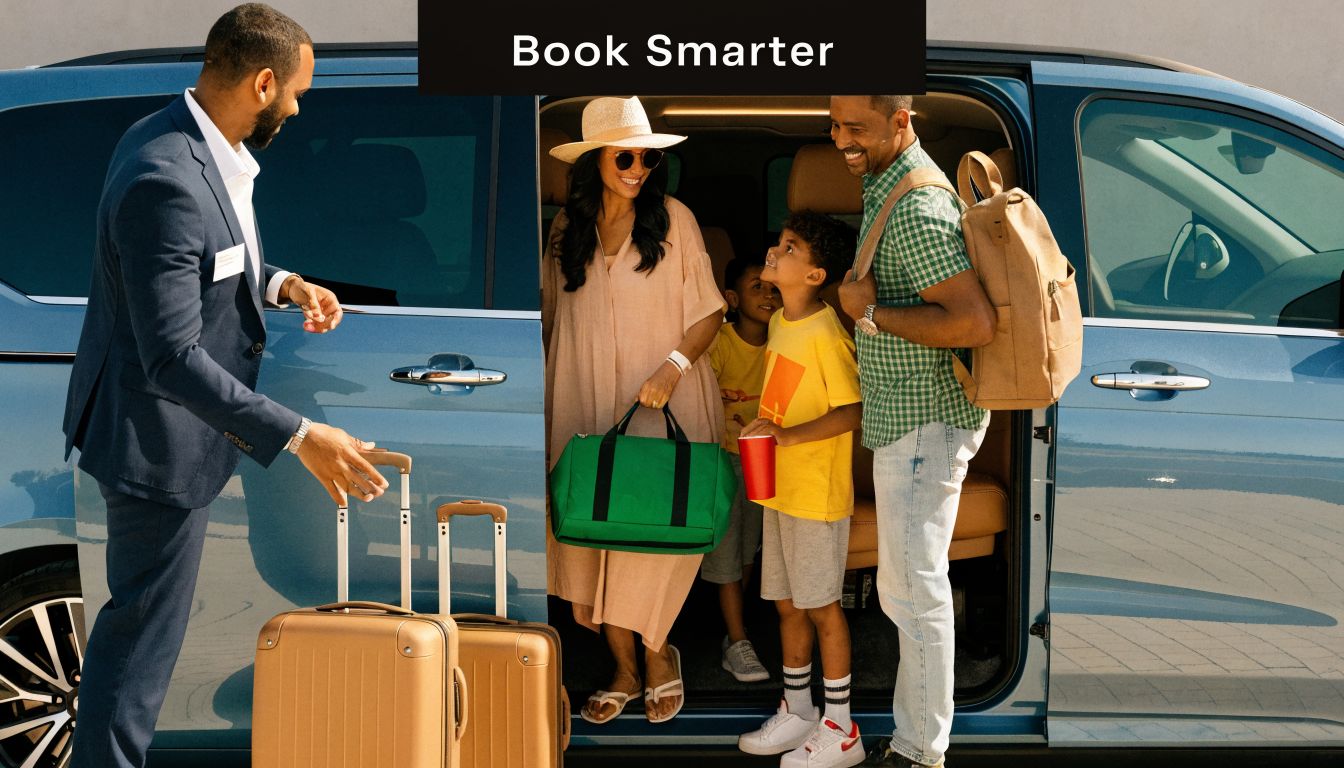 A professional driver greeting a family with luggage as they exit a blue minivan for travel.