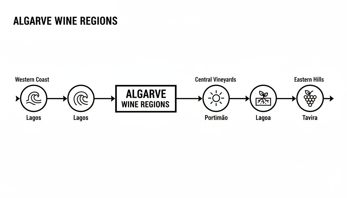 Flowchart showing Algarve wine regions: Western Coast (Lagos), Central Vineyards (Portimão, Lagoa), and Eastern Hills (Tavira).