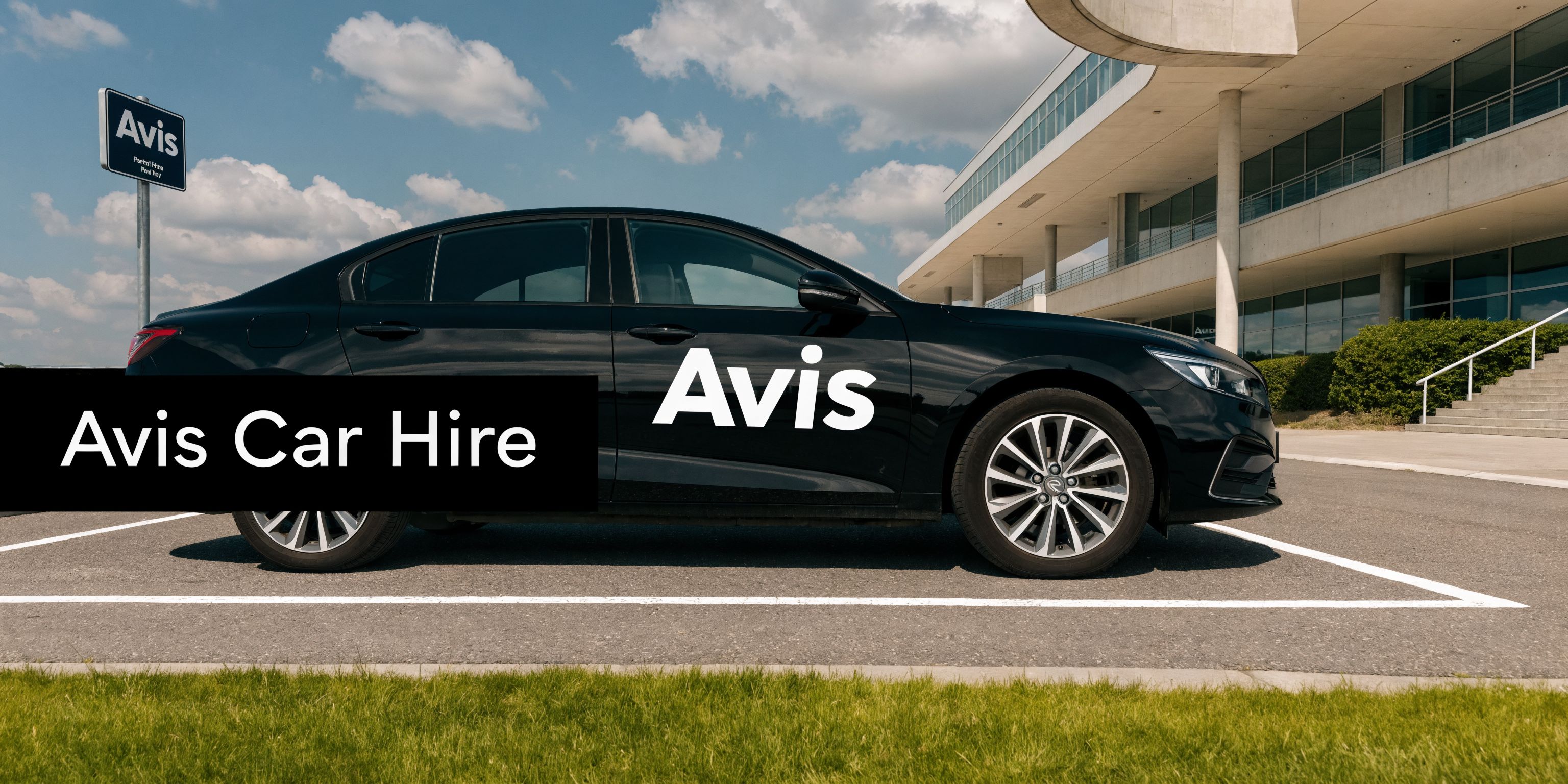 A black sedan parked in a designated space with Avis branding displayed on the car and sign.