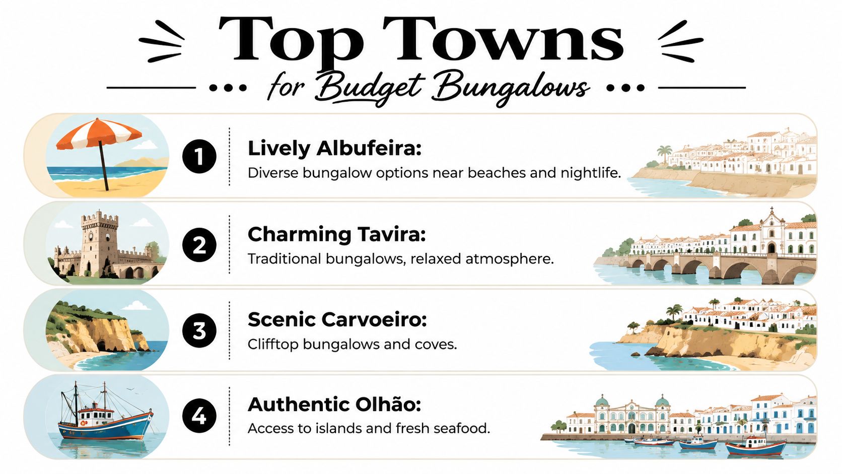 A list of four top towns in the Algarve for finding affordable and budget-friendly vacation bungalows.