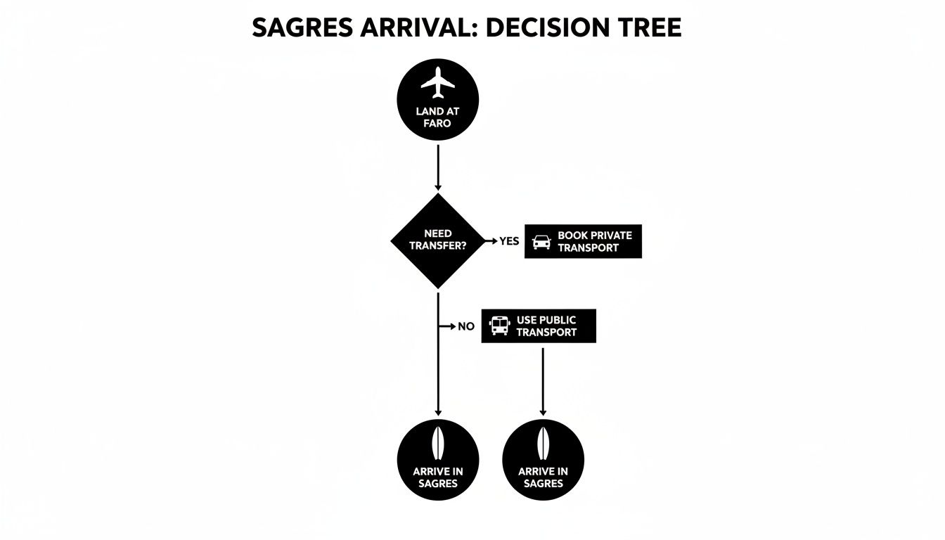 Decision tree flowchart for Sagres arrival from Faro airport, outlining private or public transport options.