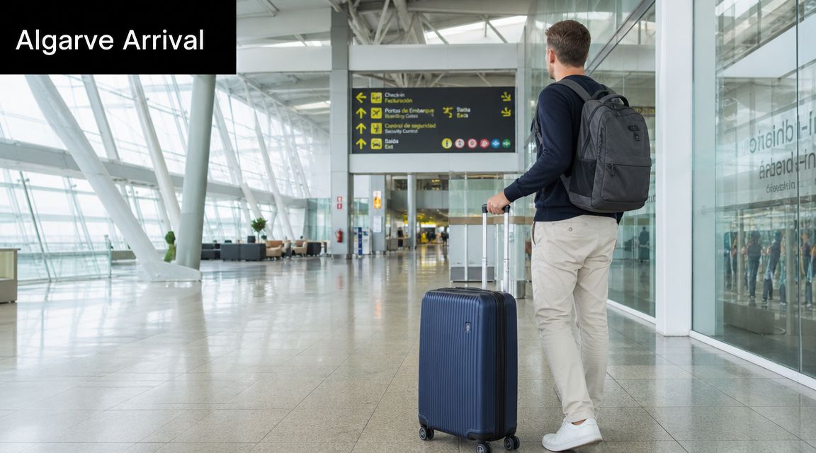 A traveler walking through an airport terminal with a suitcase and backpack near the arrival hall.