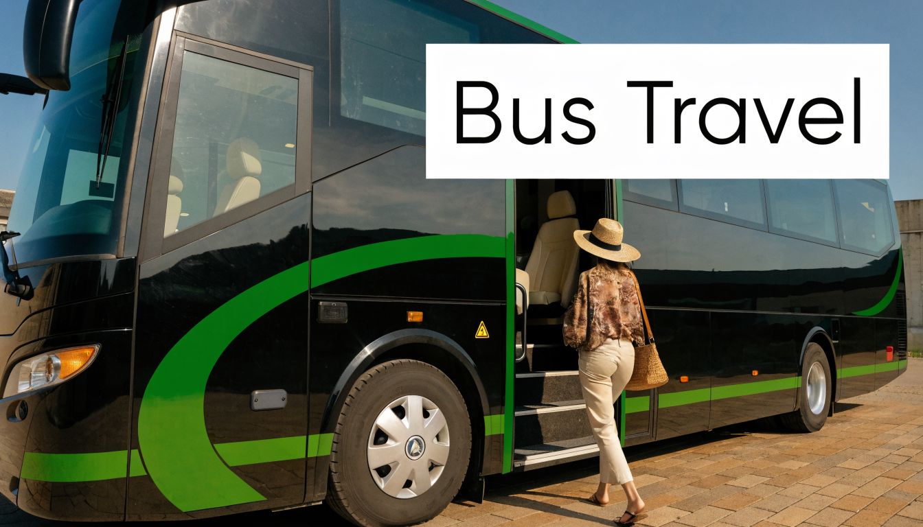 A woman wearing a sun hat and carrying a bag boarding a modern green and black bus
