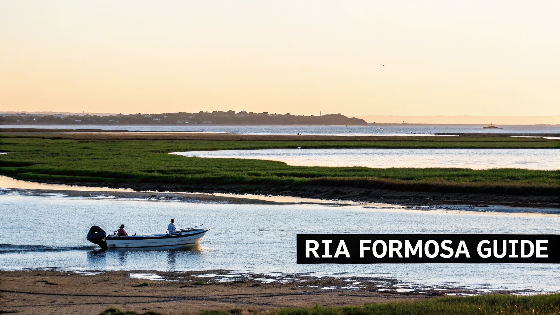 A small boat with two people navigates the calm waters of Ria Formosa estuary at sunset, surrounded by green marshlands.