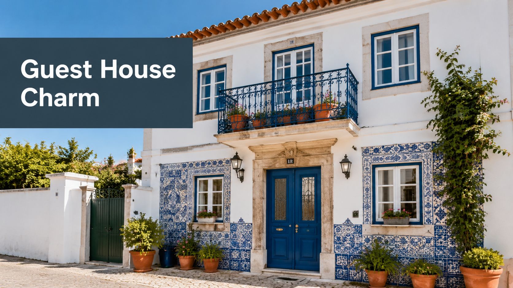 A beautiful white guest house in Portugal with traditional blue and white azulejo tiles and a balcony.