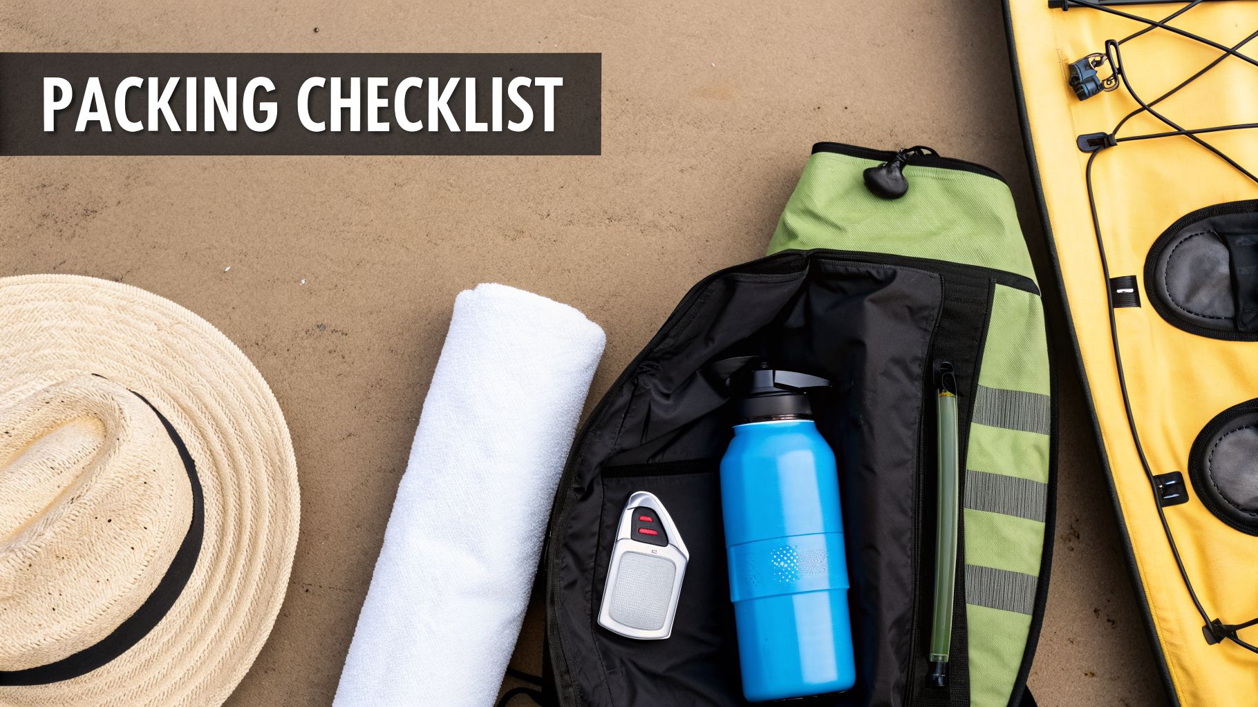Overhead view of a packing checklist with a hat, towel, backpack, water bottle, and kayak on sand.