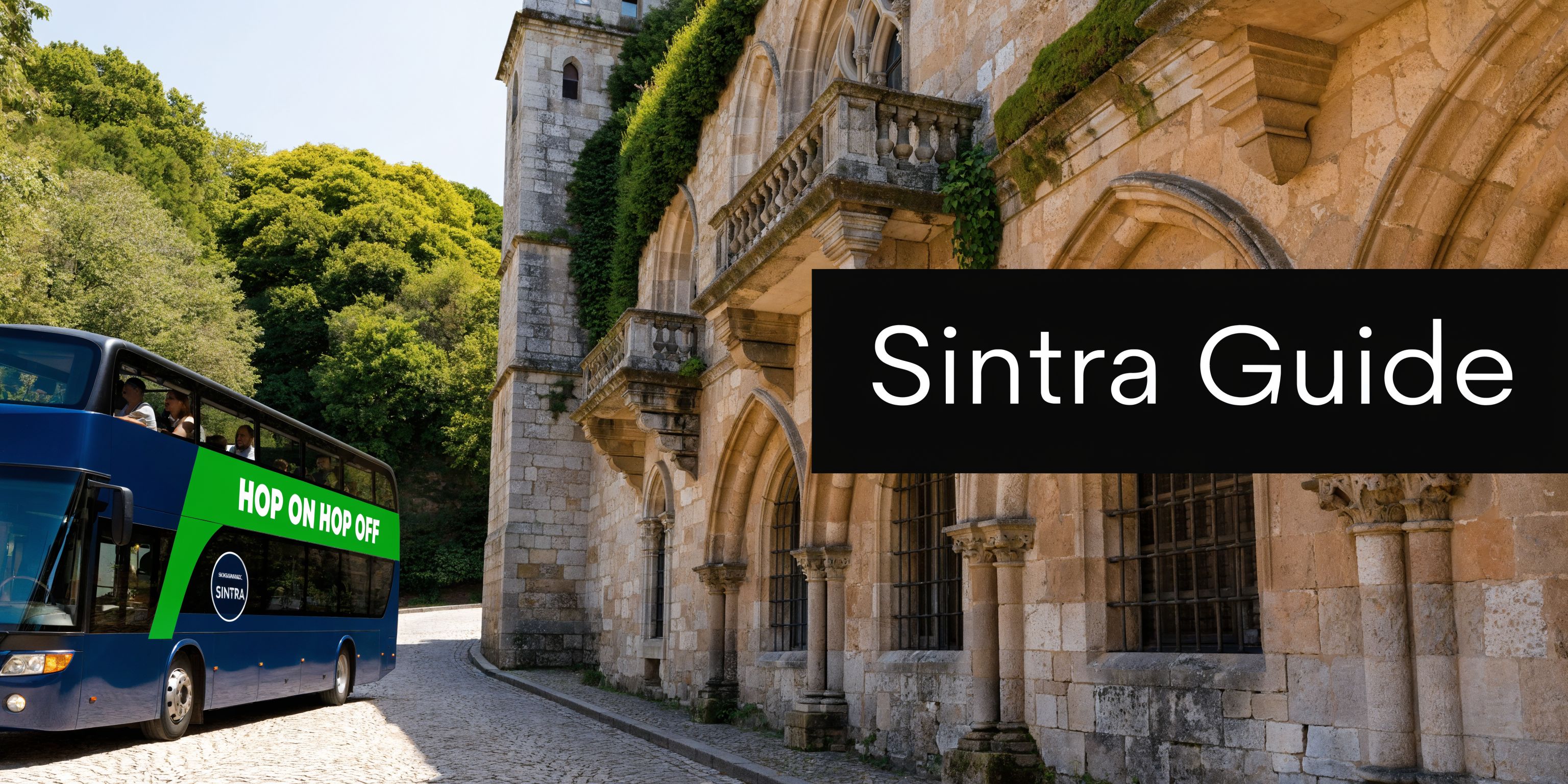 A blue hop-on hop-off tourist bus driving past a historic stone building in Sintra, Portugal.