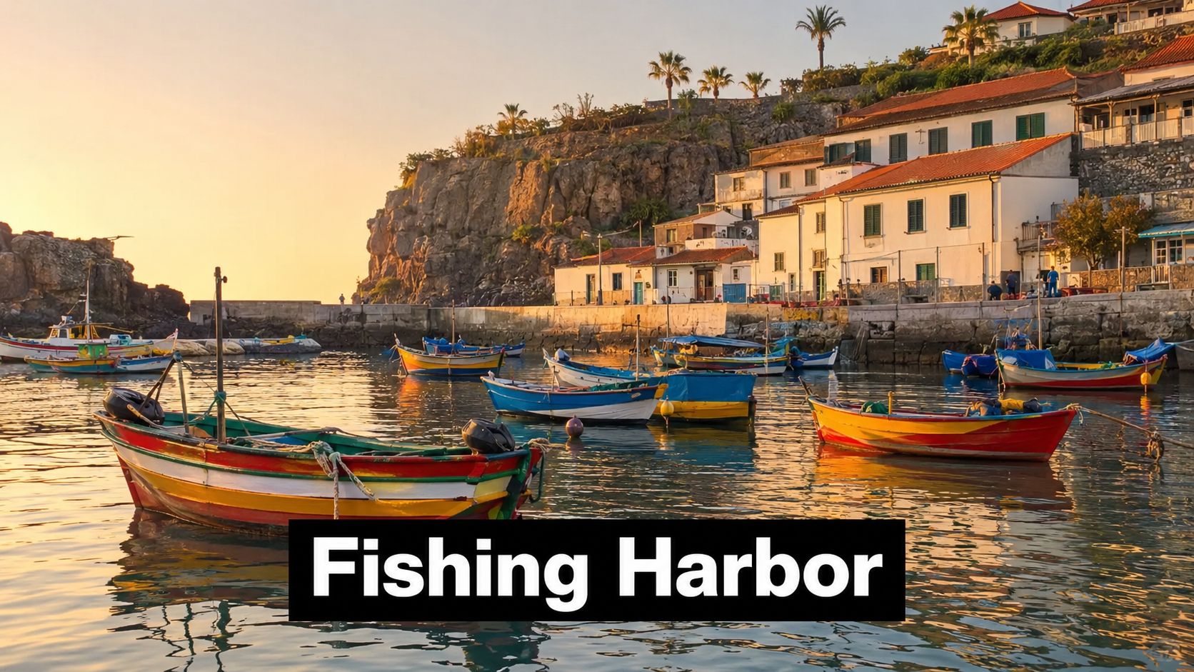 A picturesque fishing harbor in Madeira features colorful wooden boats floating on calm water at golden hour.